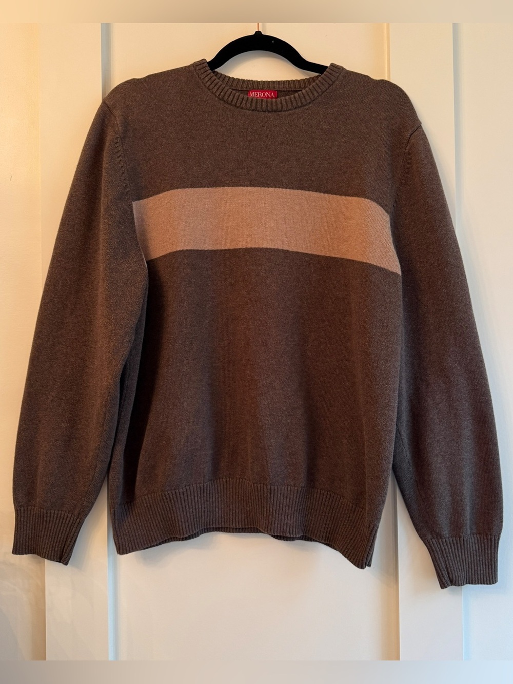 Merona Men's Brown Crewneck Sweater with Tan Center Stripe